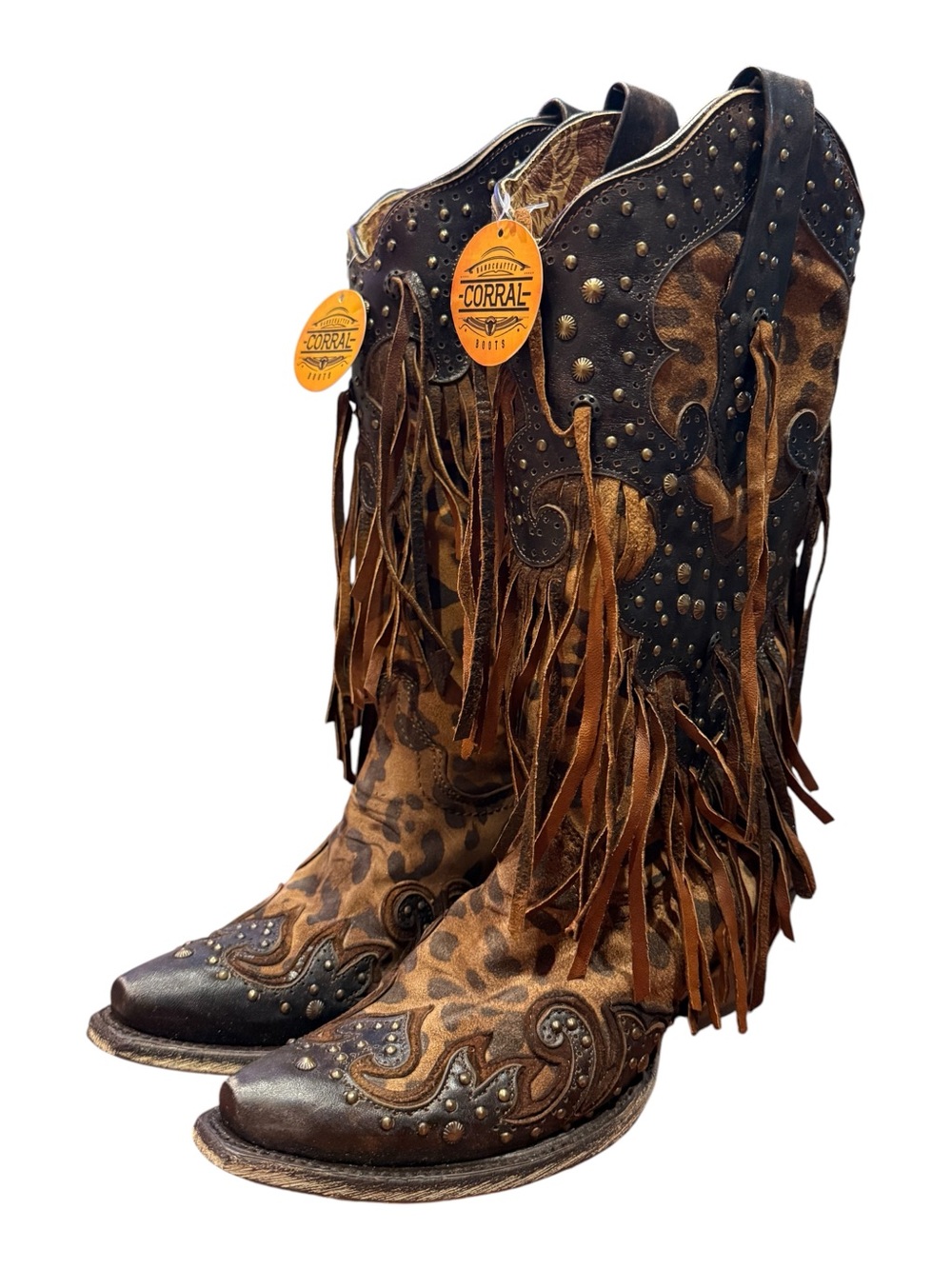 Corral Leopard Print Fringe And Studs Goat Snip Toe Cowboy Boot Women’s Sz 7